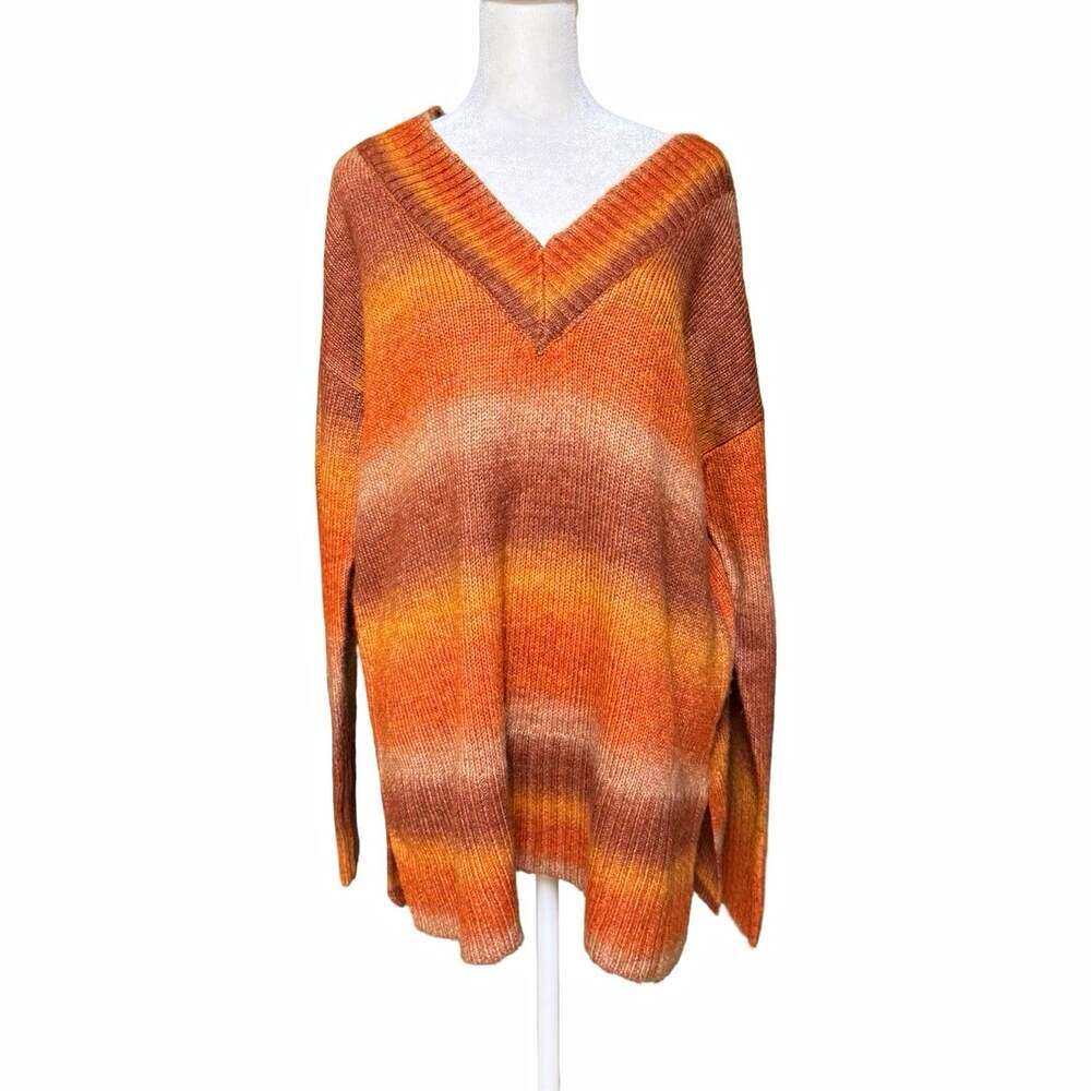 a.n.a Orange Brown Striped Knit V-Neck Pullover Sweater Long Sleeve Womens L
